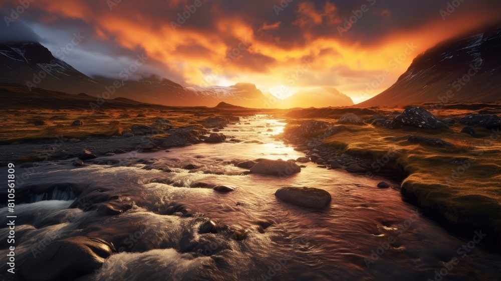 Dramatic sunset over a rugged mountain landscape