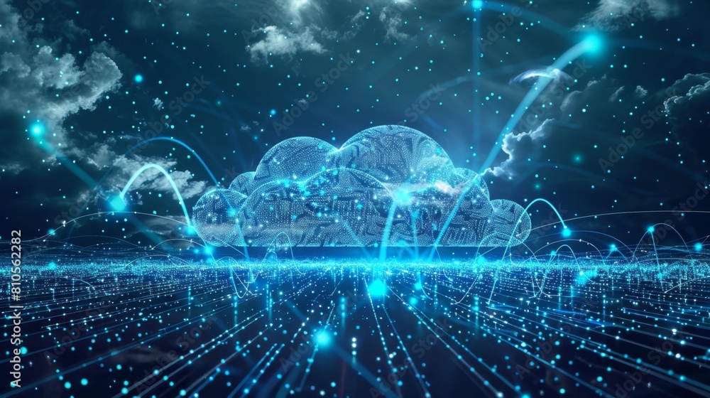 A cloud with digital connections and data flowing across it A cloud with digital connections and data flowing across it