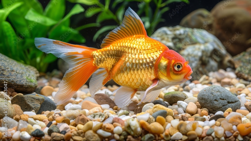 A tight shot of a goldfish swimming against clear water, foreground dotted with rocks and gravel, background adorned with aquatic plants A tight shot of a goldfish swimming against clear water, foreground dotted with rocks and gravel, background adorned with aquatic plants