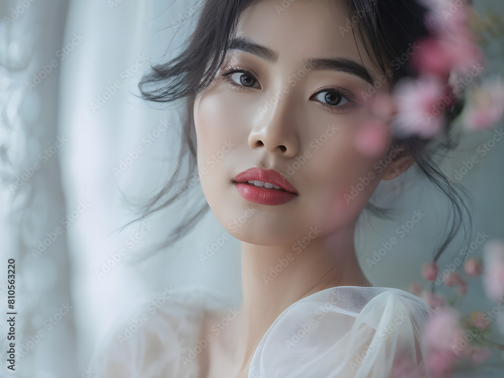 a asian woman with a flower in her hair suitable for beauty and skin care concept a asian woman with a flower in her hair suitable for beauty and skin care concept