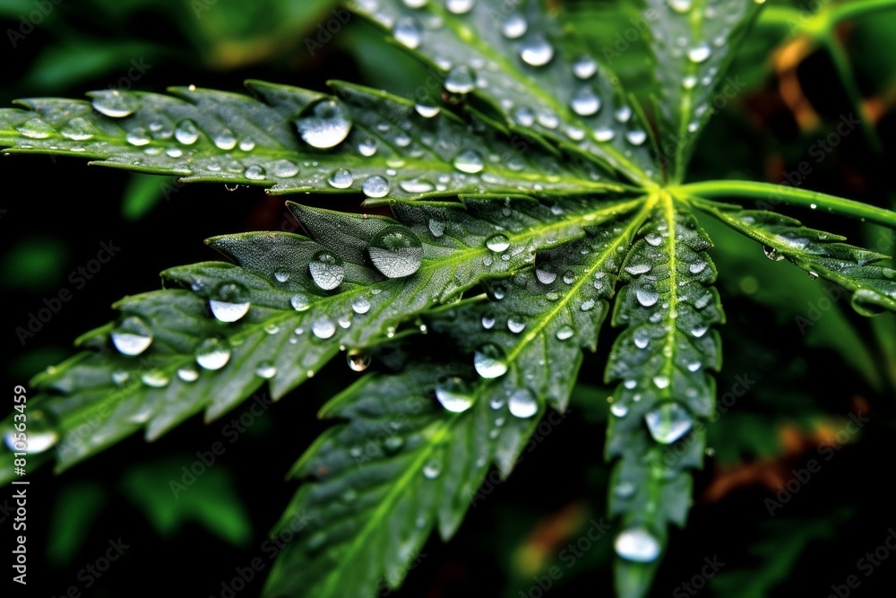 Wet cannabis leaves with water droplets Wet cannabis leaves with water droplets