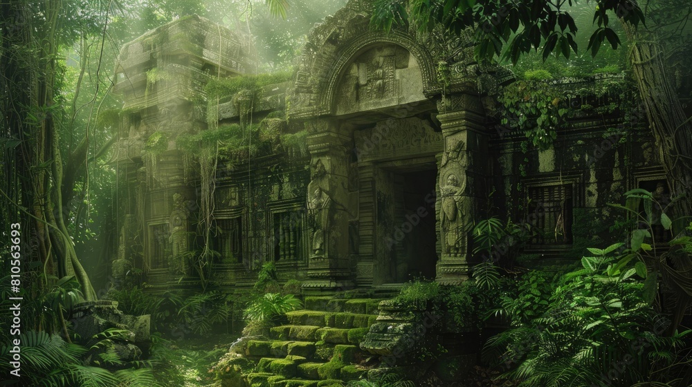 An ancient ruins hidden deep within a dense jungle, reclaimed by nature over the centuries.