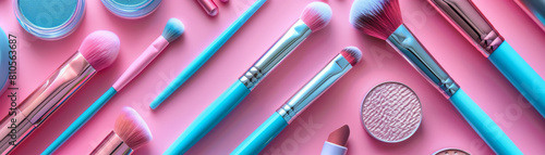 The photo shows a variety of makeup brushes and cosmetics