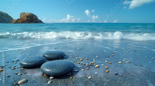 Smooth black pebbles scattered along the shoreline  shimmering under the clear blue sky  each one a testament to the power of nature s artistry