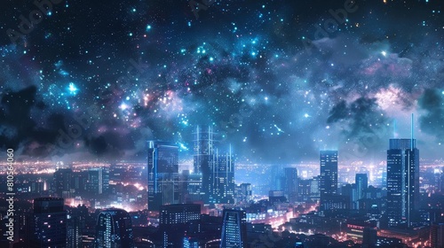 Night view of a glowing, futuristic cityscape beneath a starry sky, showcasing urban technology
