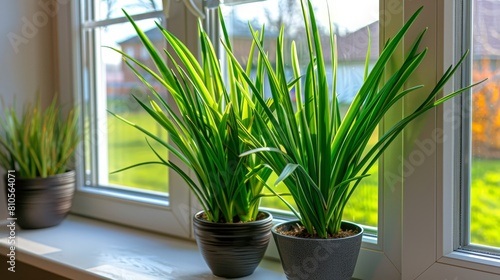   A few potted plants atop a window sill  alongside two windowsills
