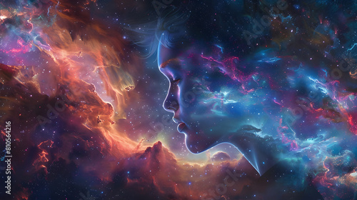  beautiful woman enveloped by the captivating allure of a space nebula, transcending earth. beauty of a woman's features enhanced by the vibrant and expressive strokes of a digital paint splash.