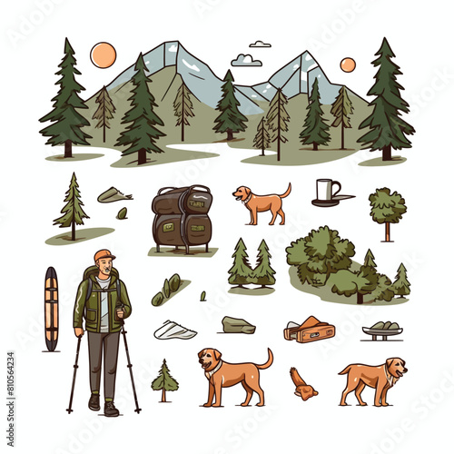 Vector of a hiker hiking with a dog on a forest