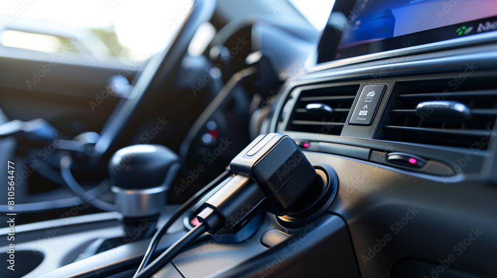 Car charger adapter plugged into a vehicle's dashboard outlet, equipped with fast-charging technology and multiple USB ports to keep smartphones and tablets powered up during road trips.