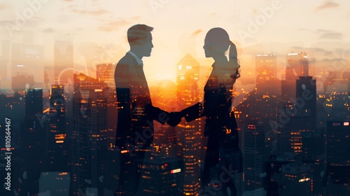 Business People Shaking Hands with City Skyline Building Background  Concept of corporate teamwork  trust partner and work agreement  partnership success of business deal  Double exposure