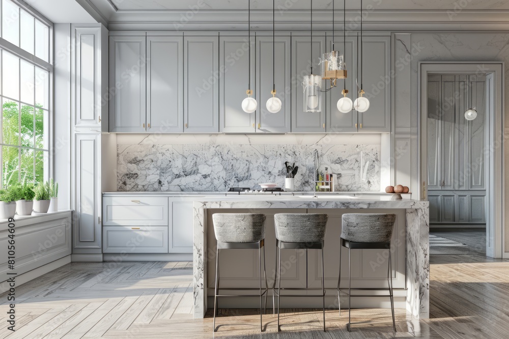 Modern kitchen with a marble island and white cabinets. The light grey ...