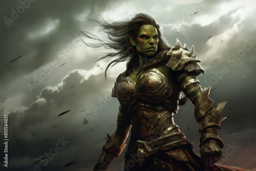Fierce green warrior with flowing hair and spiked armor