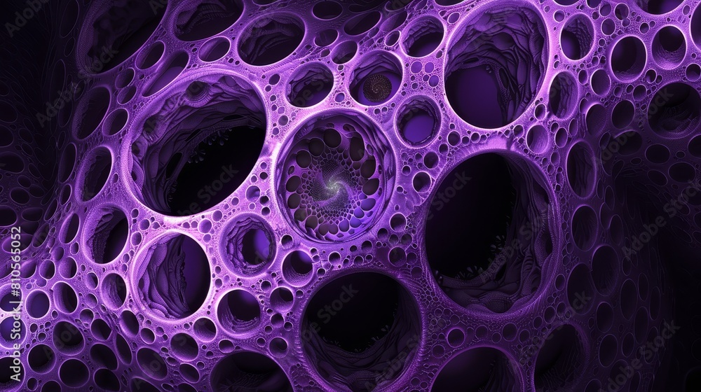 A detailed shot of a purple object with numerous holes in its center In the image's heart, a green object is positioned A detailed shot of a purple object with numerous holes in its center In the image's heart, a green object is positioned