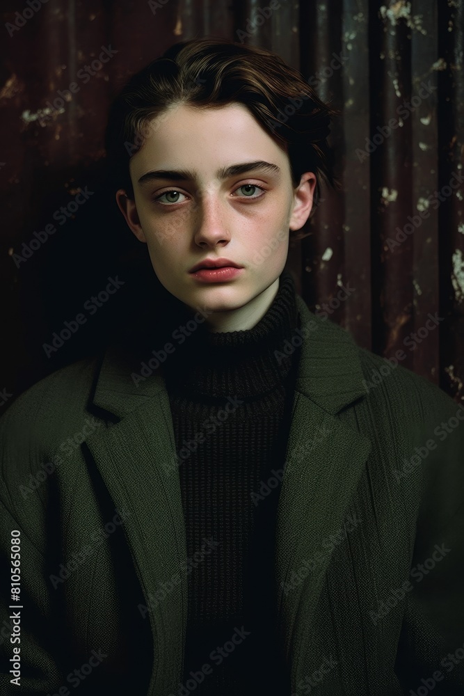 Pensive young man in dark green coat Pensive young man in dark green coat