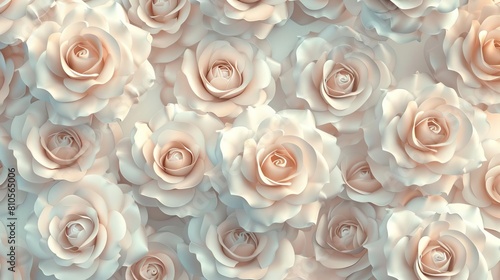 Seamless pattern of 3D roses in a soft pastel palette, ideal for nursery room wallpapers or feminine fabric designs, highlighting subtle texture and depth photo