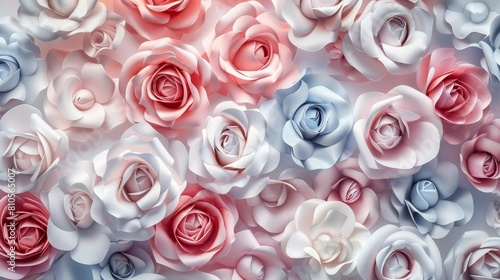 Seamless pattern of 3D roses in a soft pastel palette, ideal for nursery room wallpapers or feminine fabric designs, highlighting subtle texture and depth photo