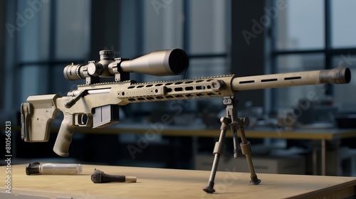 Precision long-range tactical rifle with scope and bipod photo