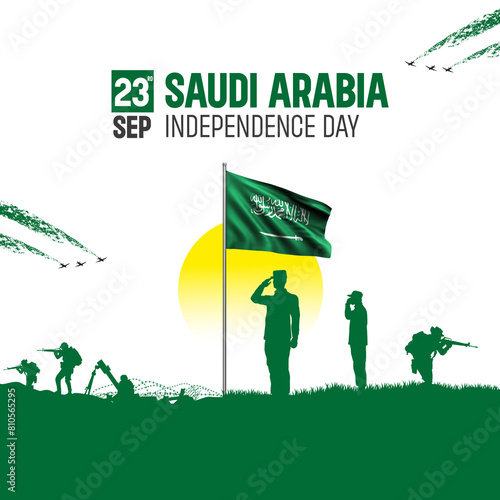 Happy Independence Day! Saudi Arabia with the Saudi Arabia  flag and the Saudi Arabia  Army and soldier salute of their flag illustration design. photo
