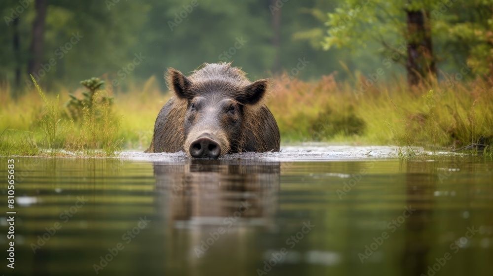 Wild boar peeking out of water in forest Wild boar peeking out of water in forest