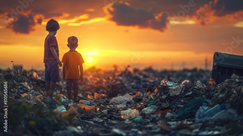 Polluted world. Garbage and waste. Children suffer from pollution. Ecological disaster concept. AI-generated.