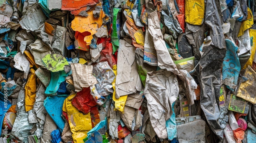 Close-up image capturing the textures and variety of recyclables at a sorting facility, from paper to plastics, portraying the diversity of materials that can be reclaimed and reused, High resolution. Close-up image capturing the textures and variety of recyclables at a sorting facility, from paper to plastics, portraying the diversity of materials that can be reclaimed and reused, High resolution.