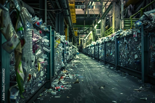 High-definition image of a recycling facility's interior, highlighting the contrast between waste and order, with detailed textures of plastics and papers, to showcase the industrial side of sustainab photo