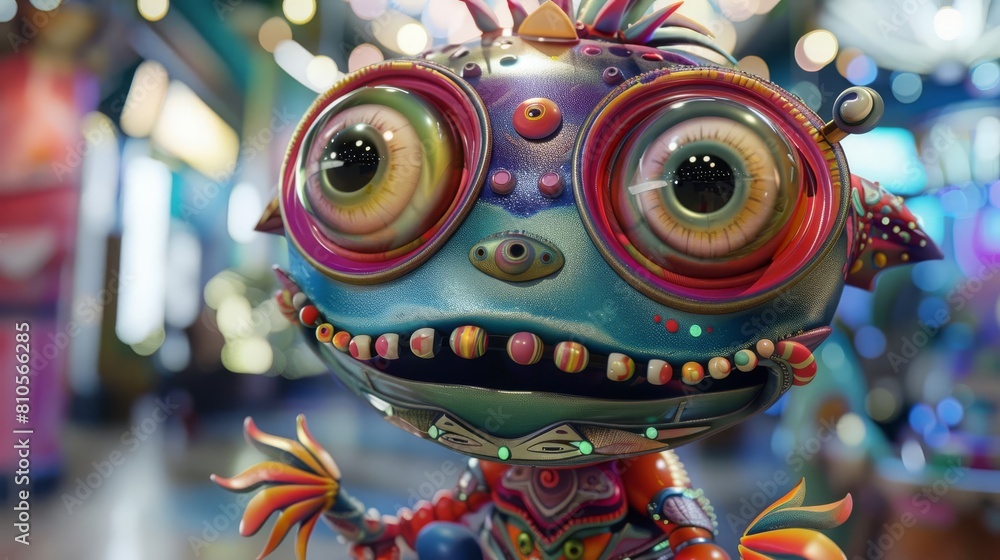 Zoom in on a whimsical 3D cartoon characters vibrant, expressive eyes and intricate details, capturing its playful essence in a larger-than-life way