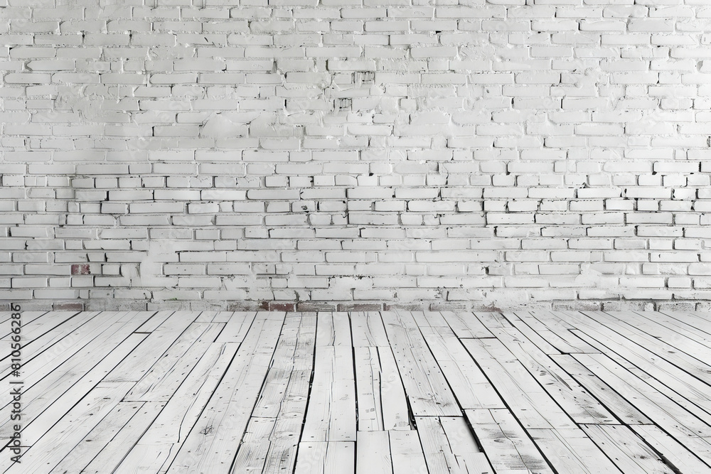 White brick wall and wooden floor in an empty room. White brick wall and wooden floor in an empty room.