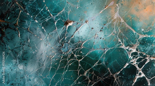 An abstract texture background that mimics the intricate details of a spider's web, with a palette of silvery blues and greens, and a hint of iridescence. photo