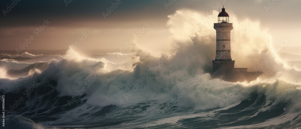 Powerful waves crashing against a lighthouse during a storm