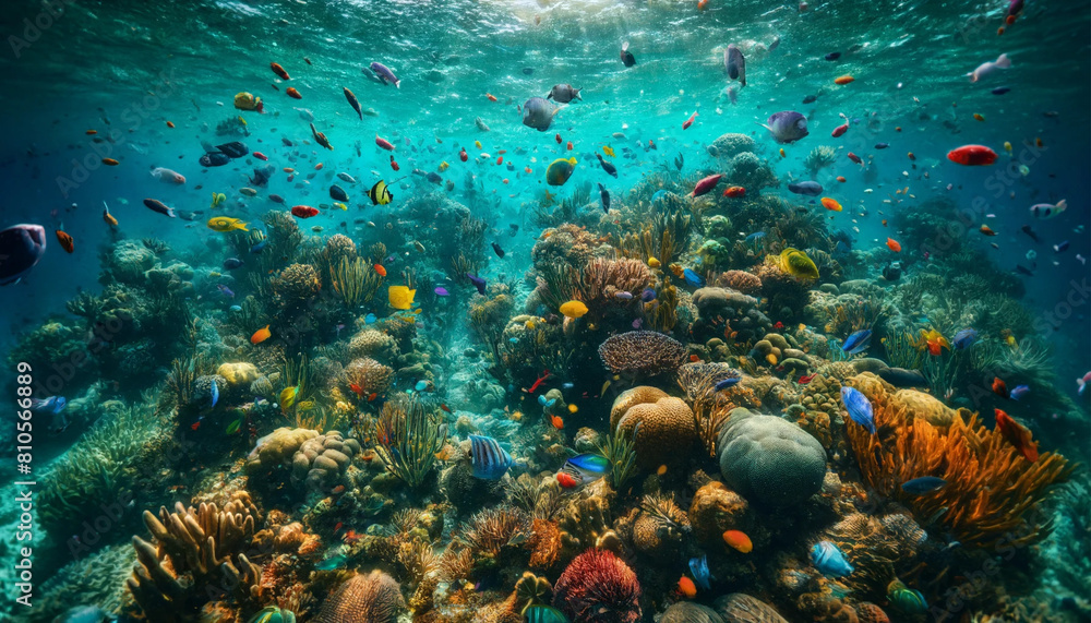 Fototapeta premium Underwater snorkeling scene with coral reefs and colorful fish in the Caribbean., generative ai