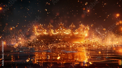   A golden crown floats atop the water s surface  surrounded by drifting confetti and shimmering gold flecks