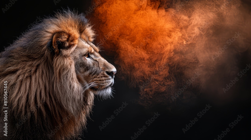 Fototapeta premium A lion silhouetted against a black backdrop, orange smoke emerging from its head
