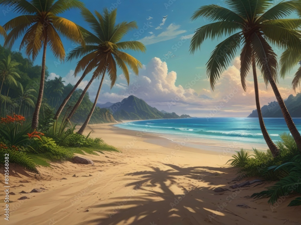 Panoramic view of tropical beach with palm trees in summer
