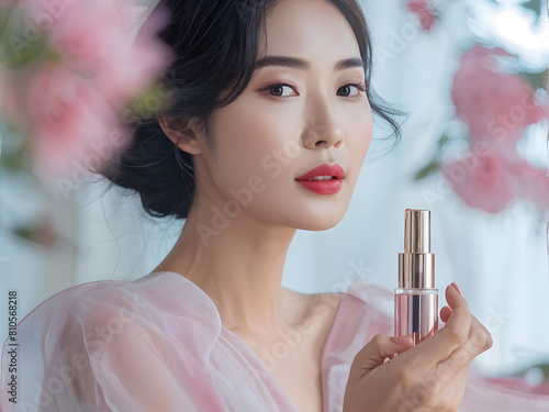 a asian woman holding a bottle of perfume in front of a window suitable for beauty and skin care concept