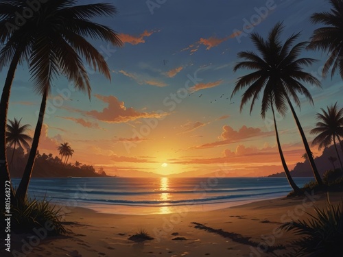 Panoramic view of dusk tropical beach with palm trees in summer