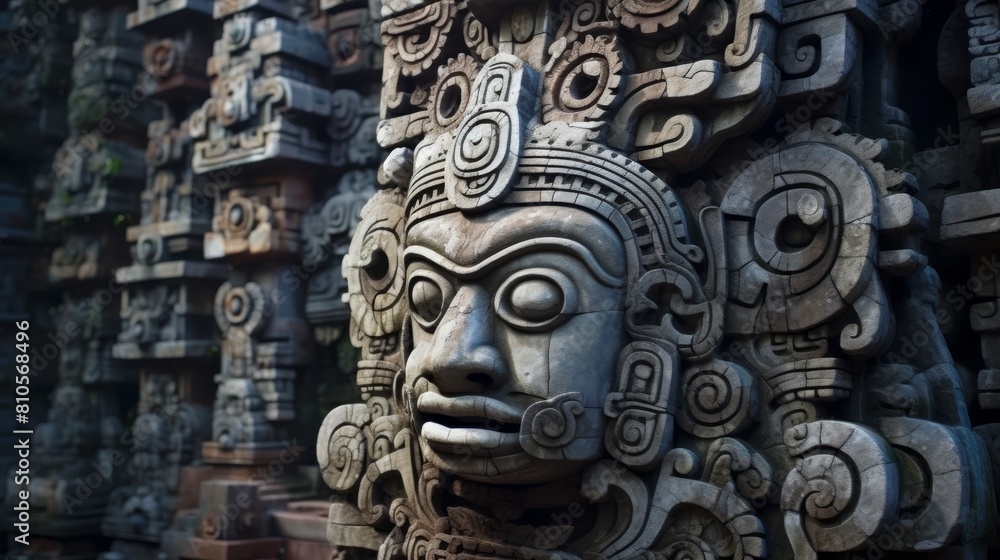 Intricate stone carving of ancient mayan deity