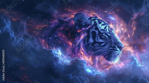 Mythical head of tiger silhouette set against a starry galaxy with cool blues and purples.