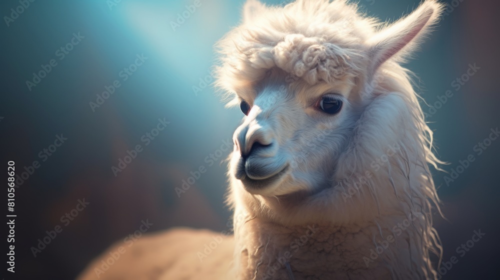 Cute fluffy alpaca with soft fur and big eyes