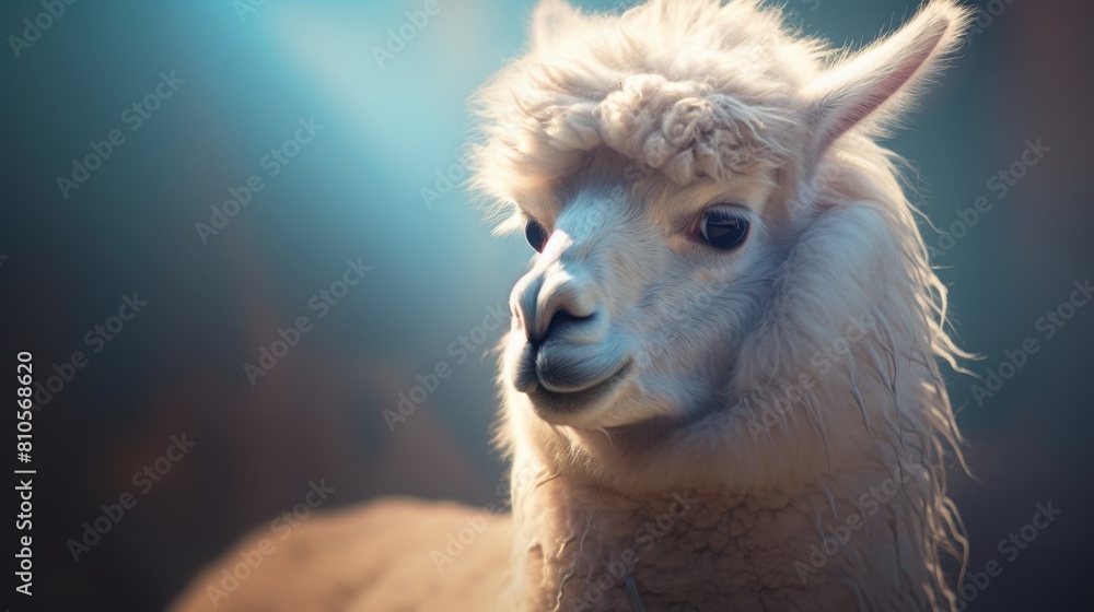 Cute fluffy alpaca with soft fur and big eyes Cute fluffy alpaca with soft fur and big eyes
