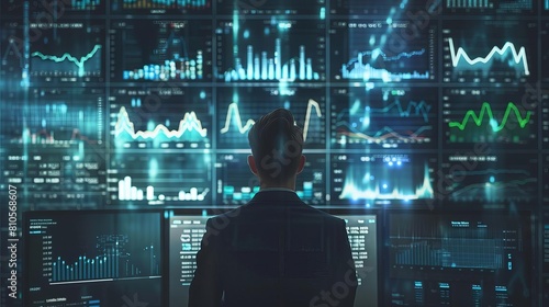 A businessman works surrounded by digital screens of financial data  emphasizing finance and technology