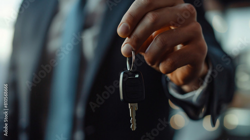 Seller with car key in office closeup