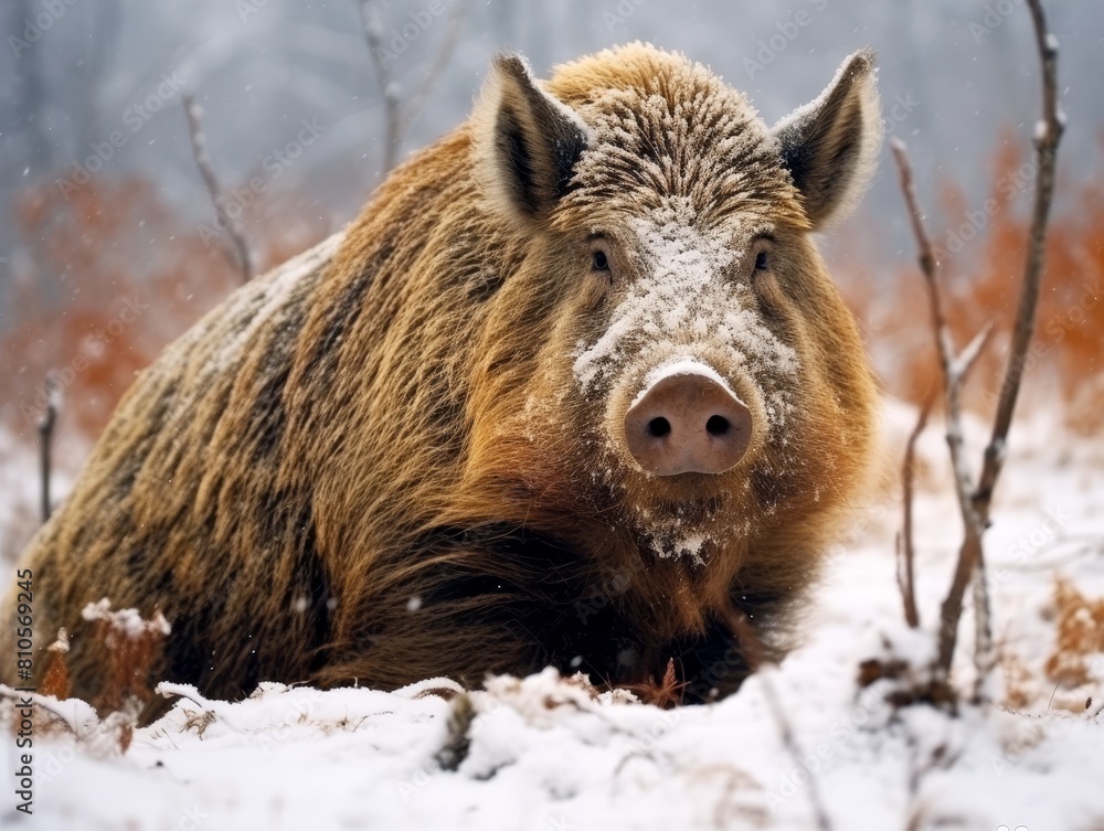close-up of a wild boar in the snow close-up of a wild boar in the snow