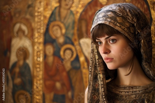 woman in traditional headscarf standing in front of ornate religious mural
