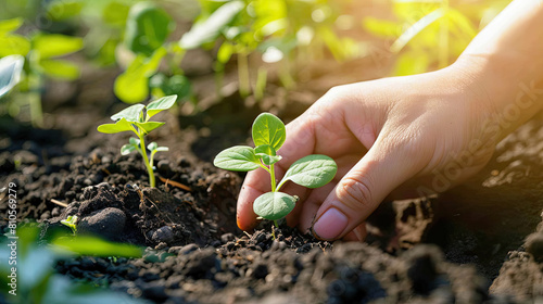 Close-up of female hands planting a small sprout in the dirt