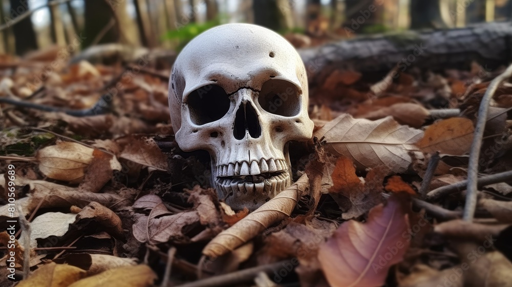 Spooky skull in autumn leaves Spooky skull in autumn leaves