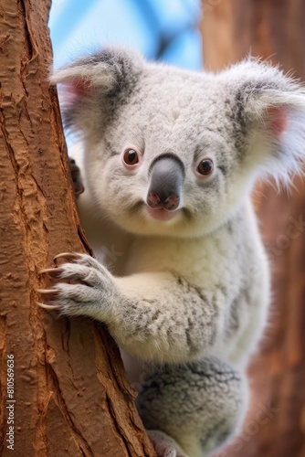 Adorable koala on a tree trunk