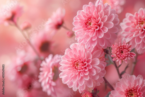 A group of pink chrysanthemums in full bloom, with delicate petals and vibrant colors, set against a soft pastel background. Created with Ai