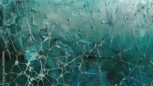 An abstract texture background that mimics the intricate details of a spider's web, with a palette of silvery blues and greens, and a hint of iridescence. photo