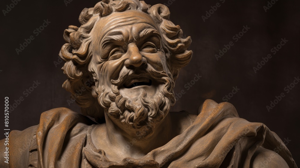 Dramatic stone sculpture of an elderly man with an expressive face